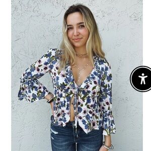 Floral Front Tie Bell Sleeve Blouse -L